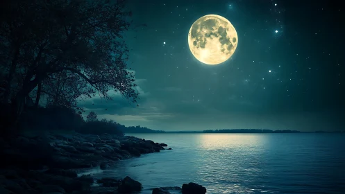 Full moon over calm coastal water with silhouetted shoreline.