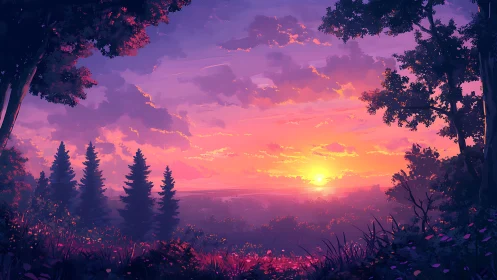 Vibrant digital forest sunset renders atmospheric depth
