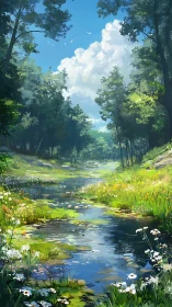 Sunlit forest stream with wildflowers and reflective water.