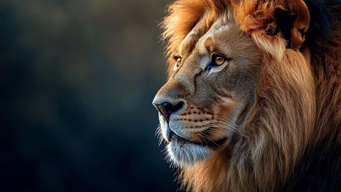 Close-up portrait of male lion with golden mane.