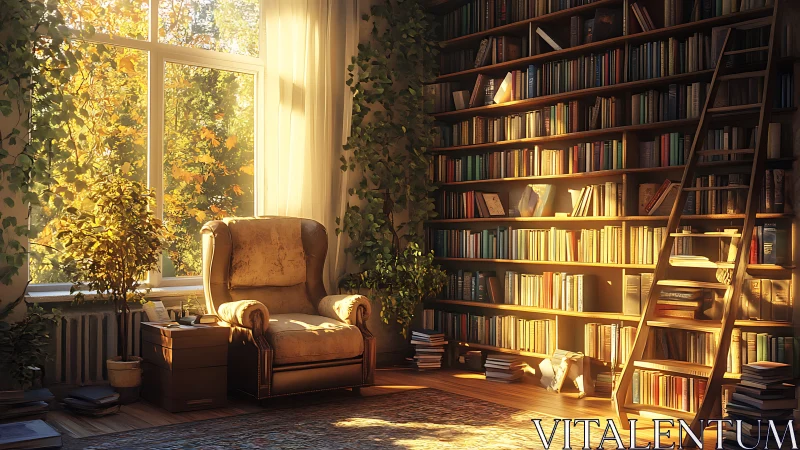 Autumn light defines a reading nook with library wall and ladder