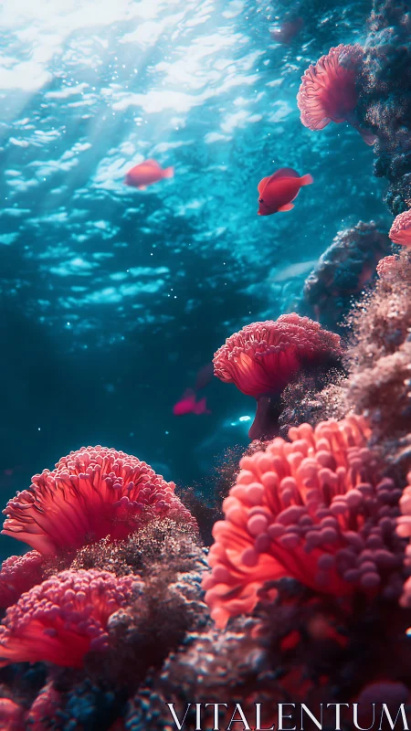 Sunlit coral reef glows as small fish drift through teal water