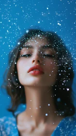 Defocused starfield overlay surrounds serene portrait in cool bokeh