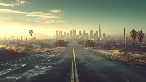 Sunlit open road leading warmly into the distant city skyline.