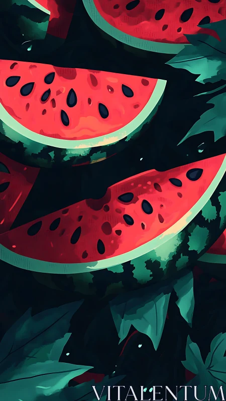 Layered digital painting of watermelon wedges with stylized foliage