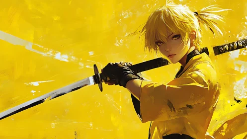Dynamic anime swordswoman against high-chroma yellow ground