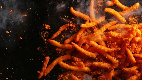 Cheese coated snack sticks scattered on dark background.