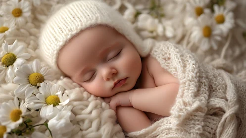 Newborn sleeps peacefully wrapped in soft cream knit blanket