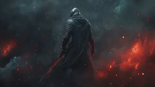 Armored warrior in backlit volcanic ash field with embers rising