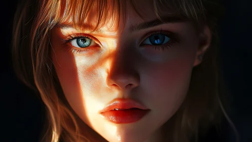 Close digital portrait shows face bisected by directional light