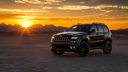 Black SUV captured against high-contrast desert sunset horizon