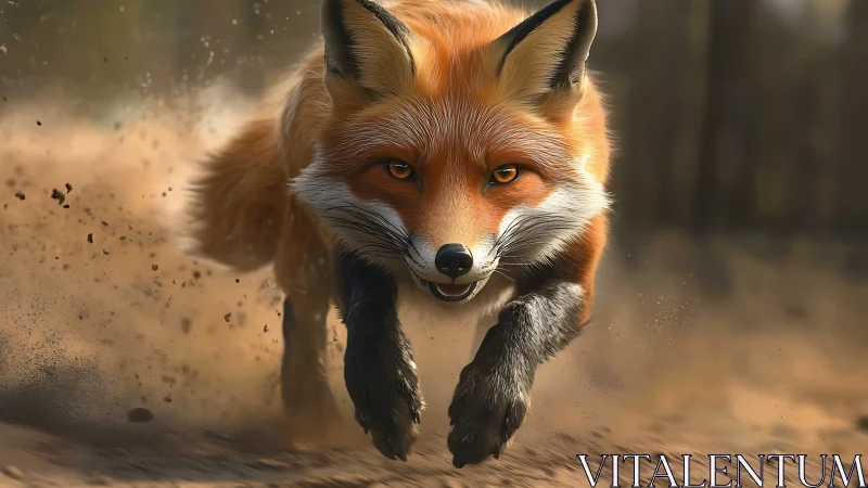 High-speed close-up of red fox sprinting through dusty terrain