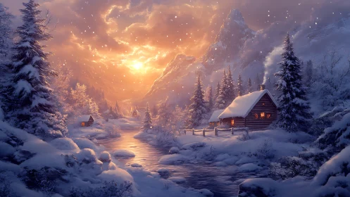 Sunlit alpine river valley frames snowbound cabins at dusk