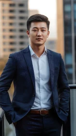 Corporate portrait of young executive in urban dusk lighting