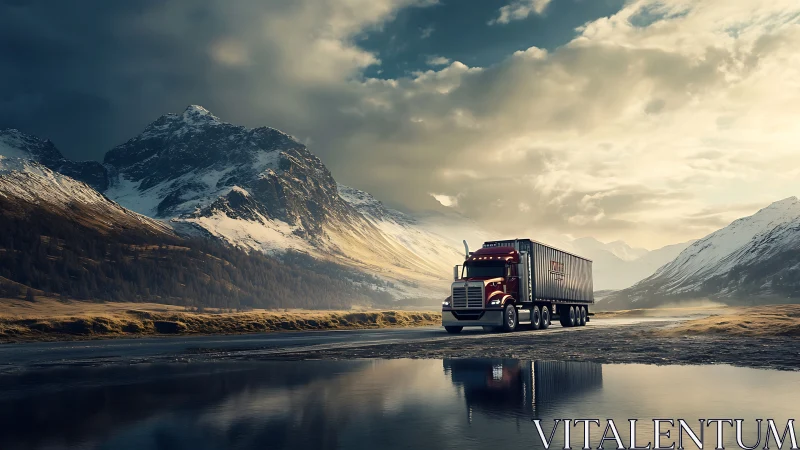 Red freight truck drives beside reflective alpine lake