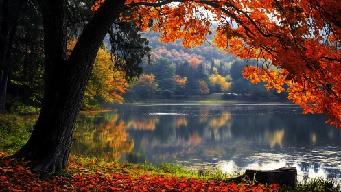 Tree and autumn foliage frame a reflective forest lake