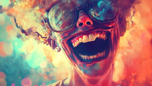 Laughing nebula face ignites in neon cosmic carnival light.