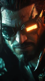 Cybernetic visor glare on tactical augmented operative portrait.