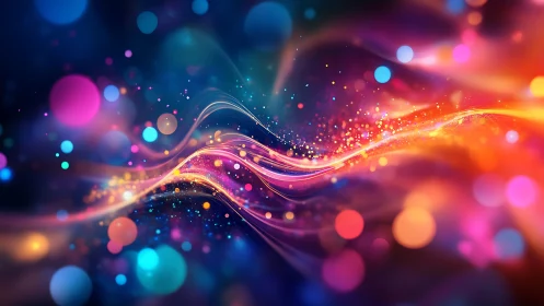 Curved light trails depict dynamic particle streams in vivid bokeh field