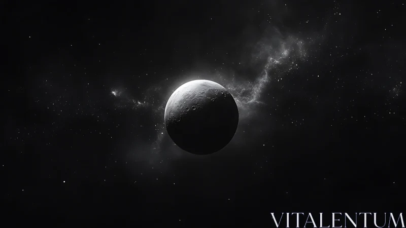 Lunar hemisphere in stark monochrome deep space field.