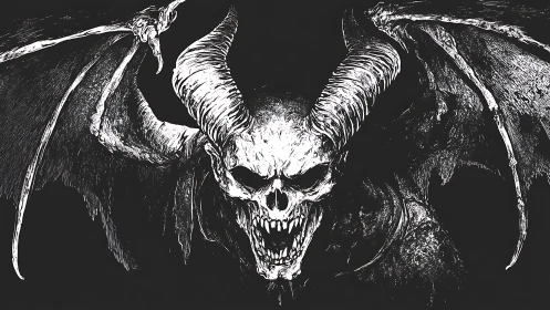 Brooding horned skull demon spreads tattered wings in shadow