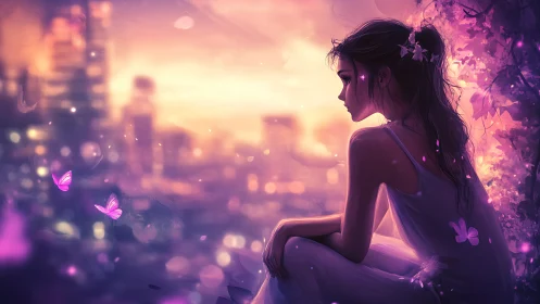 Dreamy girl silhouette over neon city at sunset twilight.