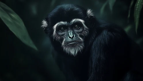 Black-furred primate portrait in dense green forest habitat.