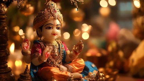 Radiant child deity idol glowing in warm festive lights.
