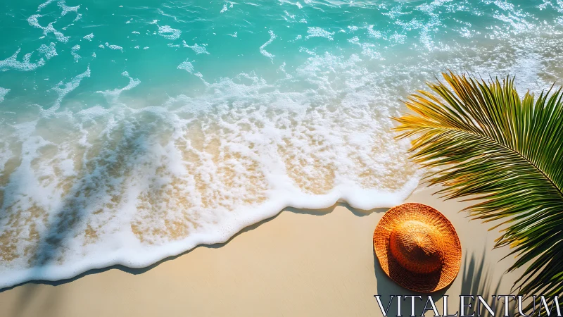 Sunlit straw hat on turquoise tropical shoreline edge.