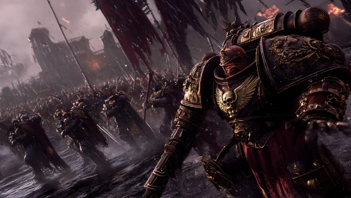 Armored space warriors advance through a war-torn stronghold.