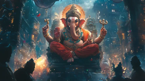 Radiant elephant-headed deity in a glowing night temple.