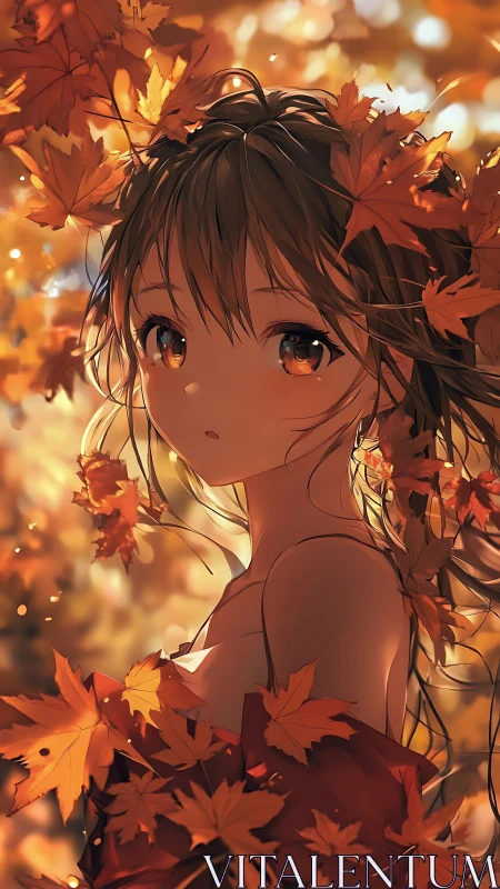 Autumn leaves encircling contemplative anime girl portrait.