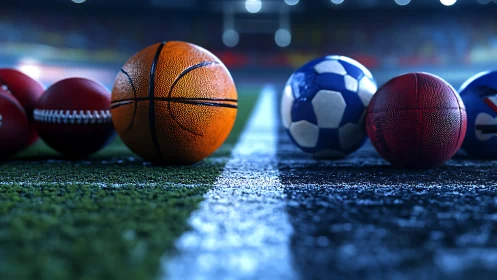 Shallow depth of field sports balls aligned on wet turf line