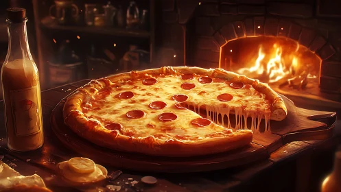 Digital painting of wood-fired pepperoni pizza tableau.