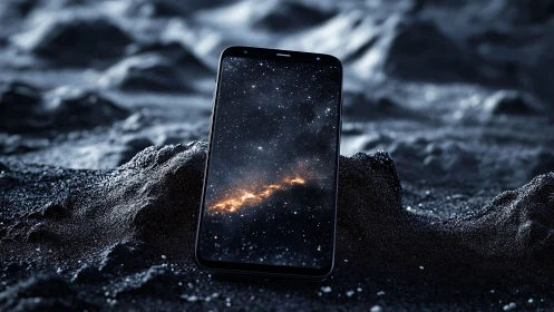 Smartphone displays cosmic galaxy over lunar sand terrain.