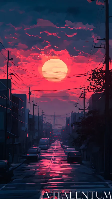 Urban street under large red sun and reflective roadway.