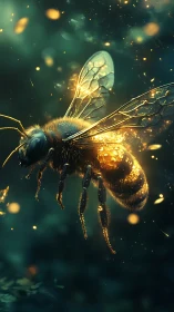 Macro side view of illuminated bee in dark green space.