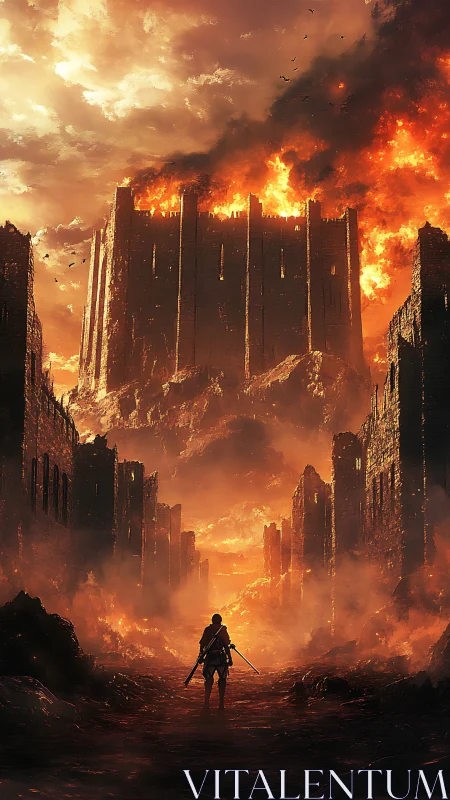 Lone warrior confronts a burning citadel in apocalyptic fire