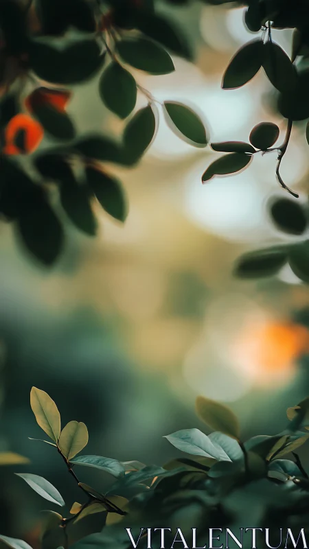 Soft garden leaves glowing against dreamy evening light.