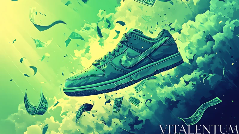 Skyflying sneaker glides through neon cashstorm clouds.