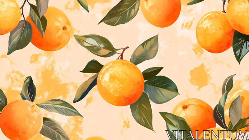 Citrus branches pattern with glossy oranges on pastel ground.