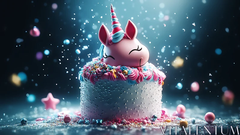 Whimsical unicorn birthday cake glows amid falling sprinkles