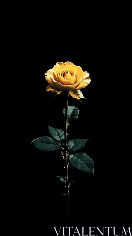 Golden Rose Against Black Background. High-Contrast Botanical Study.