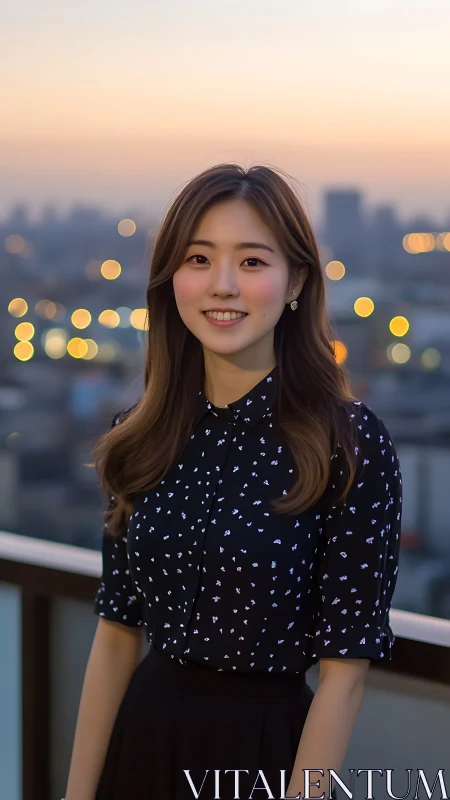 Smiling young woman on rooftop at warm city sunset.