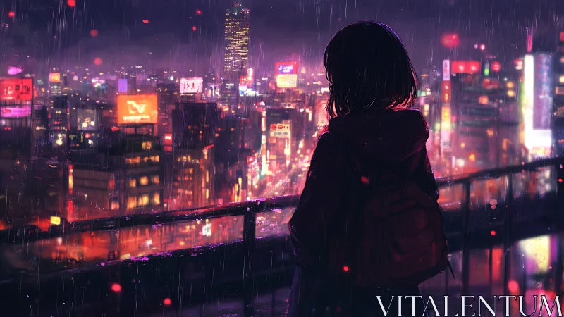 Silhouetted girl observes neon city skyline in heavy rain