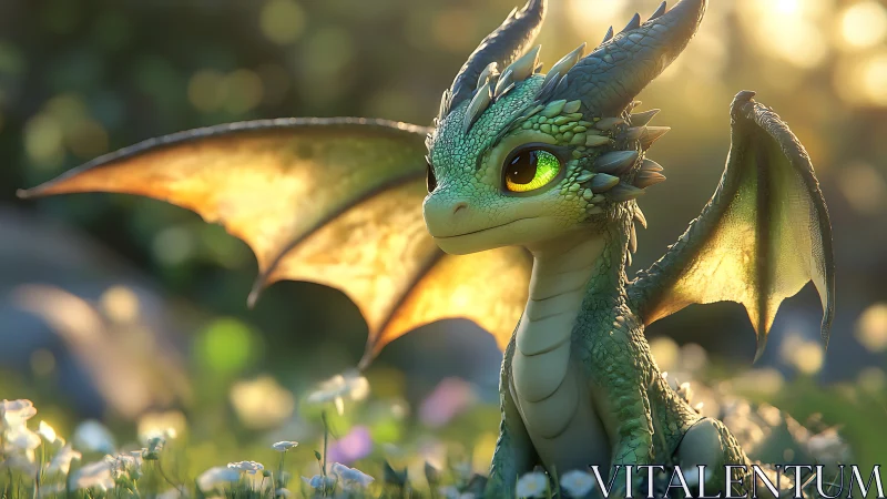 Young green dragon sits in sunlit meadow with flowers