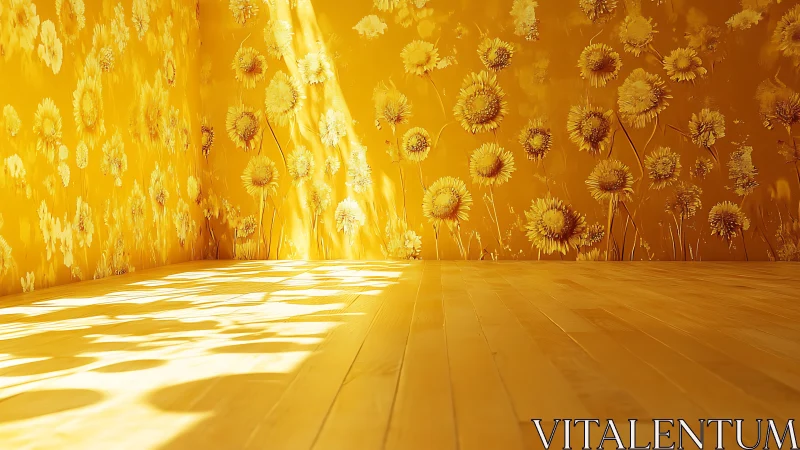 Yellow interior with floral walls and wooden floor surface.