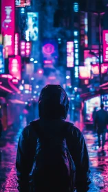 Cyberpunk hooded figure in neon-soaked nocturnal streetscape.