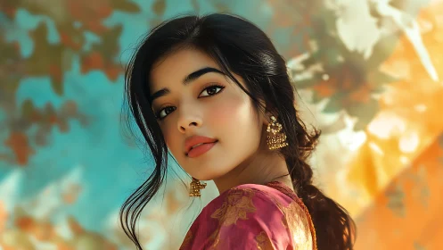 Elegant woman in traditional attire against dreamy colors.