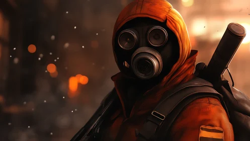 Post-apocalyptic gas-masked scout in orange hood amid burning ruins